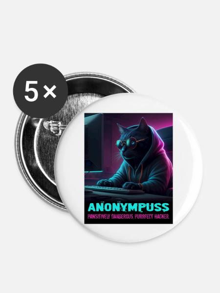 Anonympuss Cat Hacker Lustiges Bild Katze Meme - Buttons groß 56 mm (5er Pack) - Weiß