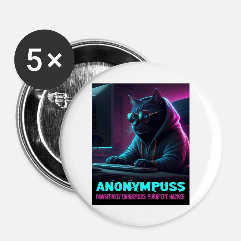 Anonympuss Cat Hacker Lustiges Bild Katze Meme - Buttons groß 56 mm (5er Pack) - Weiß