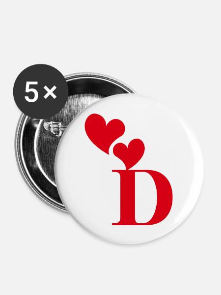 Roter Herz-Buchstabe - Buttons groß 56 mm (5er Pack) - Weiß