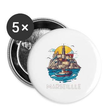 Marseille - Ville au Cœur de la Méditerranée - Lot de 5 grands badges (56 mm) - blanc - Devant