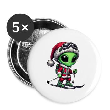 Weihnachten Alien Skifahrer Santa Skisport - Buttons groß 56 mm (5er Pack) - Weiß - Vorne
