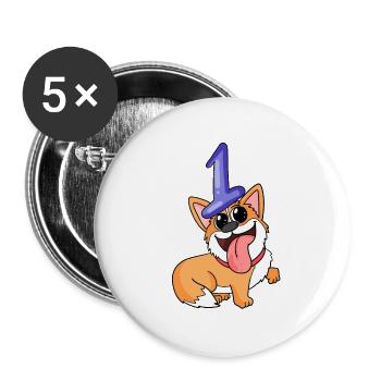 Zahl 1 Nummer Eins - Hund Motiv - Buttons groß 56 mm (5er Pack) - Weiß - Vorne
