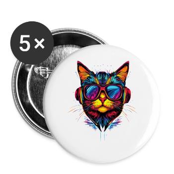Katze Sonnenbrille Kopfhörer Musik Bunt DJ Katzen - Buttons groß 56 mm (5er Pack) - Weiß - Vorne