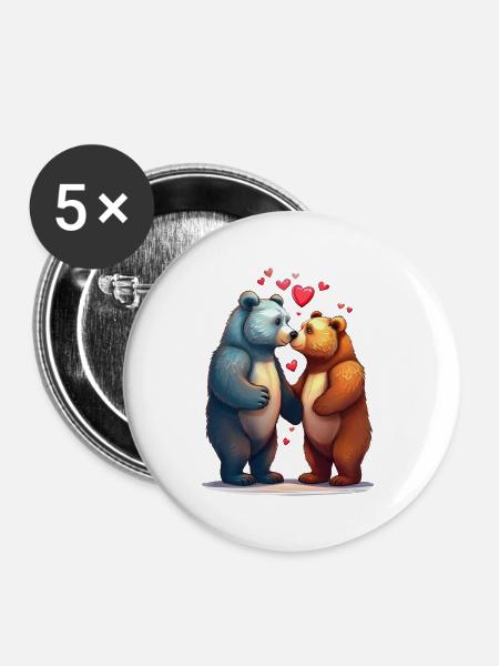 Zwei verliebte Bären mit Herzchen - Buttons groß 56 mm (5er Pack) - Weiß