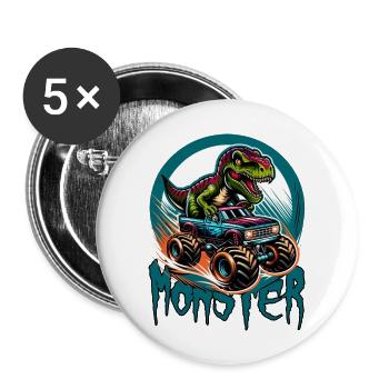 T-Rex Dino Tyrannosaurus Rex auf Monstertruck - Buttons groß 56 mm (5er Pack) - Weiß - Vorne