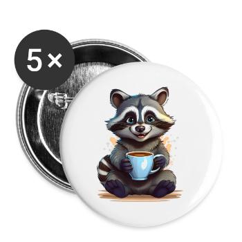 Ein glücklicher Waschbär mit einer Tasse Kaffee - Buttons groß 56 mm (5er Pack) - Weiß - Vorne