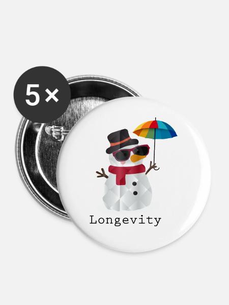 Longevity Schneemann – Humorvolles Winterdesign - Buttons groß 56 mm (5er Pack) - Weiß
