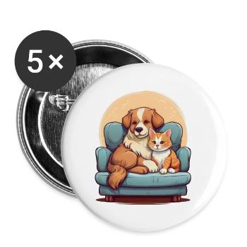 Hund und Katze sitzen gemeinsam auf dem Sofa - Buttons groß 56 mm (5er Pack) - Weiß - Vorne
