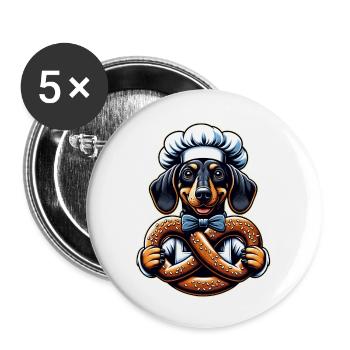 Dackel mit Bäckermütze und großer Brezel - Buttons groß 56 mm (5er Pack) - Weiß - Vorne