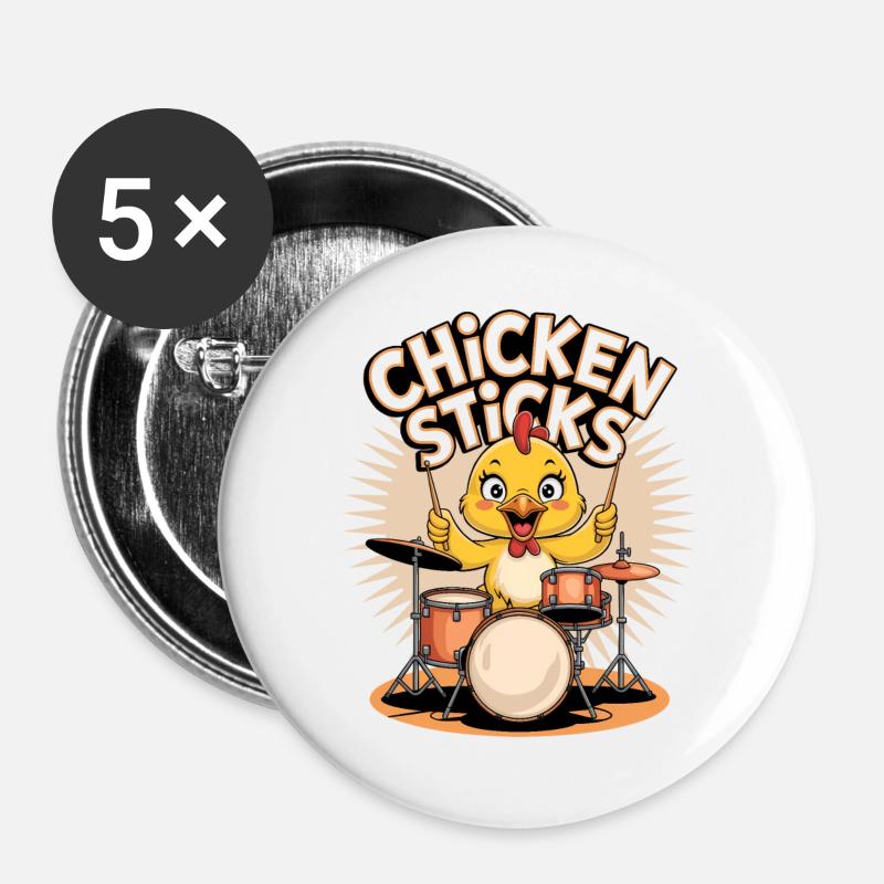 Lustiges Huhn am Schlagzeug mit Drumsticks - Buttons groß 56 mm (5er Pack) - Weiß