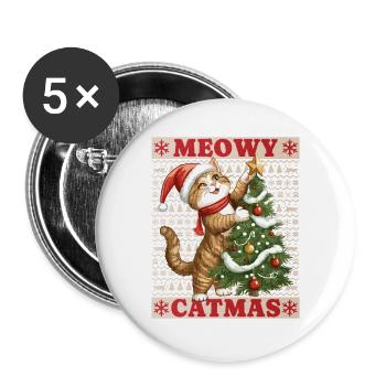 Katze Weihnachtsbaum Weihnachten Xmas Süß Lustig - Buttons groß 56 mm (5er Pack) - Weiß - Vorne