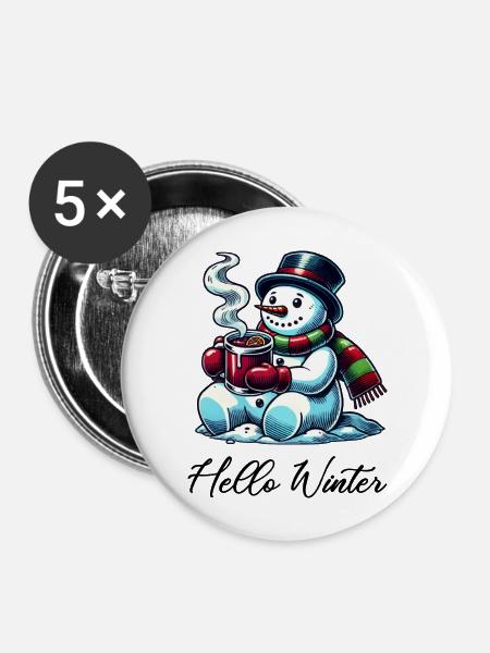 Schneemann Hello Winter - Buttons groß 56 mm (5er Pack) - Weiß