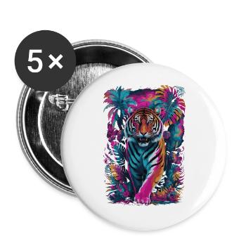 Psychedelischer Tiger im lebendigen Dschungel-Design - Buttons groß 56 mm (5er Pack) - Weiß - Vorne