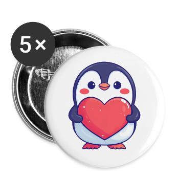 Pingouin tenant un cœur rouge - Adorable dessin animé - Lot de 5 grands badges (56 mm) - blanc - Devant