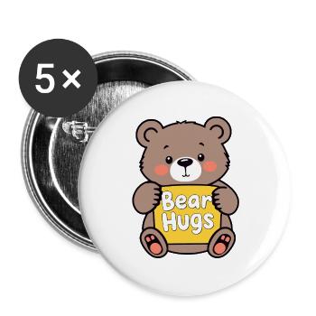 Kuschelbär mit Bear Hugs Schild - Buttons groß 56 mm (5er Pack) - Weiß - Vorne