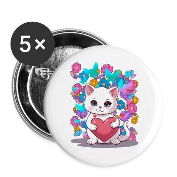 Cat Spring Flowers Heart Kids Baby Kitten - Buttons large 2.2''/56 mm (5-pack) - white - Front