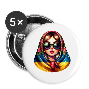 Ukraine Matriochka avec lunettes de soleil pour les Ukrainiens - Lot de 5 grands badges (56 mm) - blanc - Devant