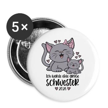 Große Schwester 2026 Kätzchen Katze Katzen Kinder - Buttons groß 56 mm (5er Pack) - Weiß - Vorne