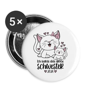 Große Schwester 2026 Kätzchen Katze Katzen Kinder - Buttons groß 56 mm (5er Pack) - Weiß - Vorne