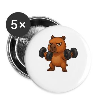 Mürrische Capybara mit Hantel Fitness Bizeps  - Buttons groß 56 mm (5er Pack) - Weiß - Vorne