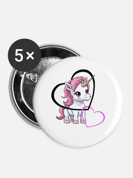 Einhorn Herz Herzen Valentin - Buttons groß 56 mm (5er Pack) - Weiß