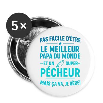 Super Papa Pêcheur pêche cadeau fête des père - Lot de 5 grands badges (56 mm) - blanc - Devant