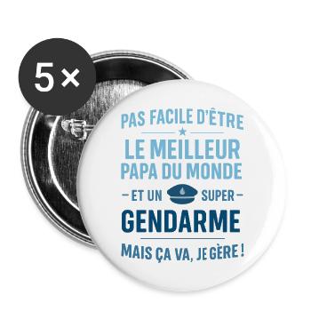 Super Papa Gendarme idée cadeau fête des pères - Lot de 5 grands badges (56 mm) - blanc - Devant