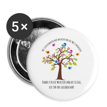 Kitaabschied - Baum Vögel Wurzeln Flügel Danke - Buttons groß 56 mm (5er Pack) - Weiß - Vorne