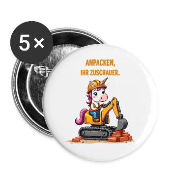 Einhorn Baggermeister - Buttons groß 56 mm (5er Pack) - Weiß - Vorne