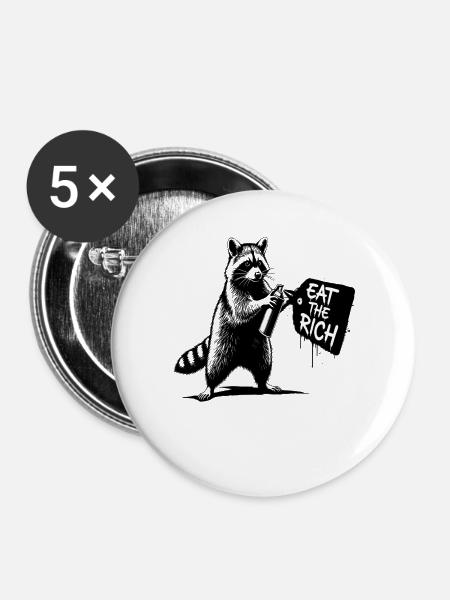 Waschbär Sprayer - EAT THE RICH - Buttons groß 56 mm (5er Pack) - Weiß