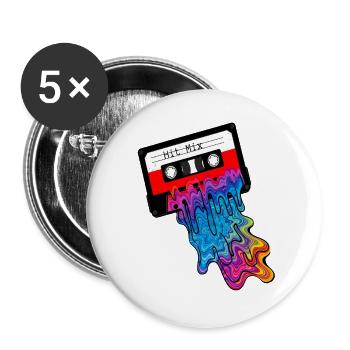 90er Kassetten Tape mit Bunten Farbauslauf - Buttons groß 56 mm (5er Pack) - Weiß - Vorne