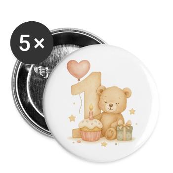 teddy birthday / Teddybär Geburtstag - Buttons groß 56 mm (5er Pack) - Weiß - Vorne