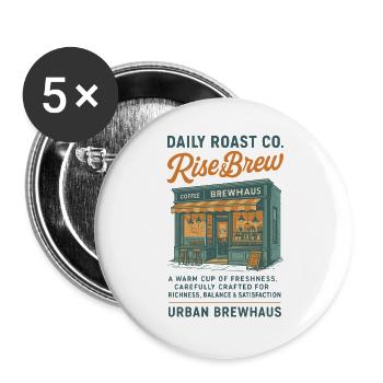 Rise & Brew Design de café urbain - Lot de 5 grands badges (56 mm) - blanc - Devant
