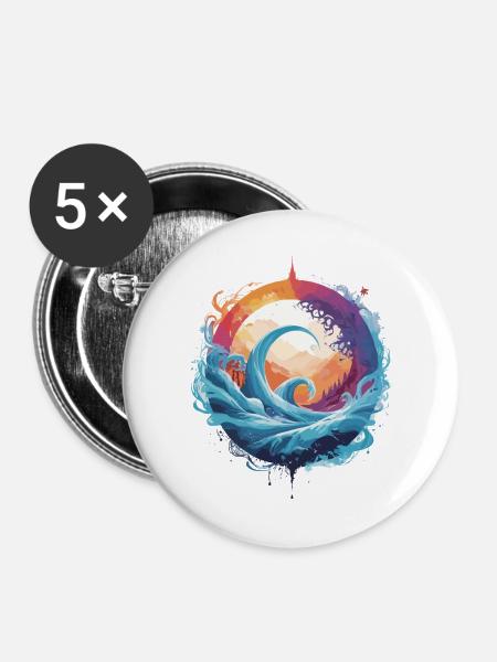 Dynamischer Wellen- und Mondkreis - Buttons groß 56 mm (5er Pack) - Weiß