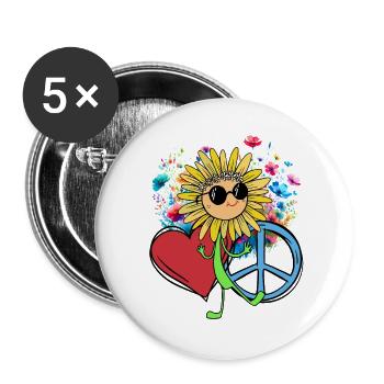 Hippe Sonnenblume Peace Herz Blume - Buttons groß 56 mm (5er Pack) - Weiß - Vorne