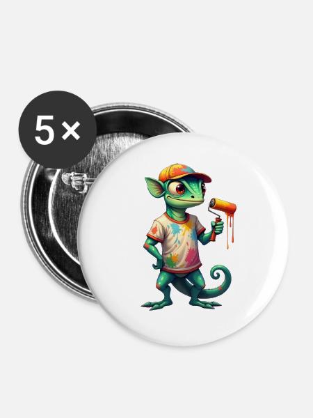 Chameleon als Maler - Buttons groß 56 mm (5er Pack) - Weiß