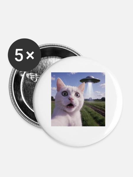 Katzen-Selfie mit Alien-UFO - Buttons groß 56 mm (5er Pack) - Weiß