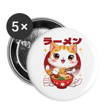 Kätzchen mit Ramen in kawaii Stil - Buttons groß 56 mm (5er Pack) - Weiß - Vorne