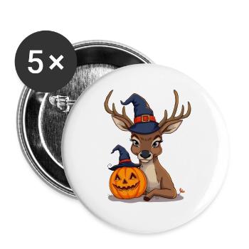 Halloween Reh mit Kürbiskopf und Hexenhut - Buttons groß 56 mm (5er Pack) - Weiß - Vorne
