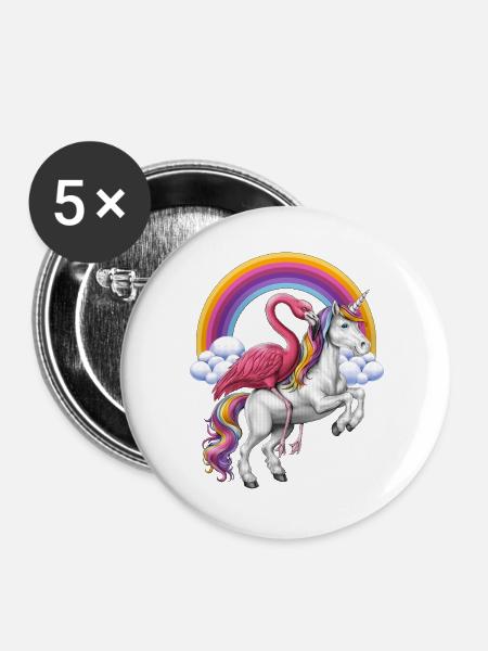 Flamingo reitet Einhorn - Buttons groß 56 mm (5er Pack) - Weiß