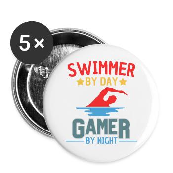 Swimmer By Day Gamer By Night - Buttons groß 56 mm (5er Pack) - Weiß - Vorne