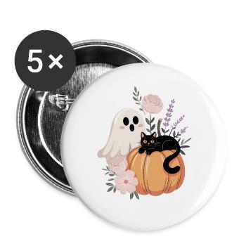 Geist Kürbis Katze Vintage Blumen Halloween Herbst - Buttons groß 56 mm (5er Pack) - Weiß - Vorne