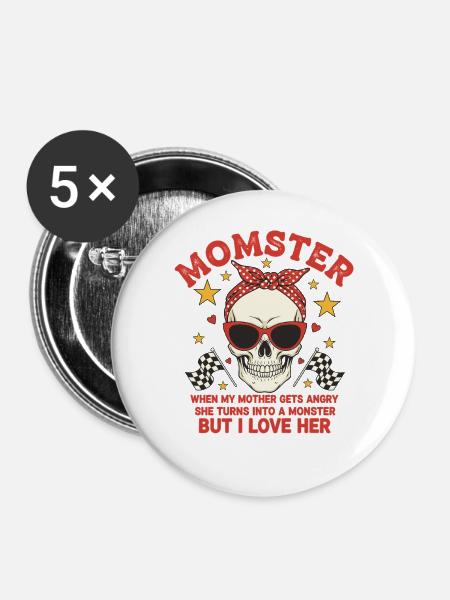 Monstermutter mit retro Skulls Design - Buttons groß 56 mm (5er Pack) - Weiß