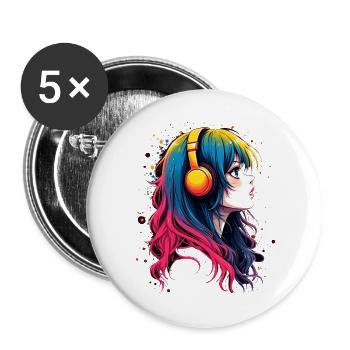Colored anime character with headphones - Buttons large 2.2''/56 mm (5-pack) - white - Front