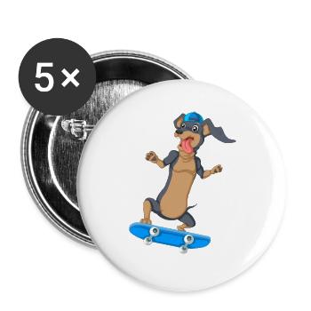 Dackel Skateboarding T-Shirt - Buttons groß 56 mm (5er Pack) - Weiß - Vorne