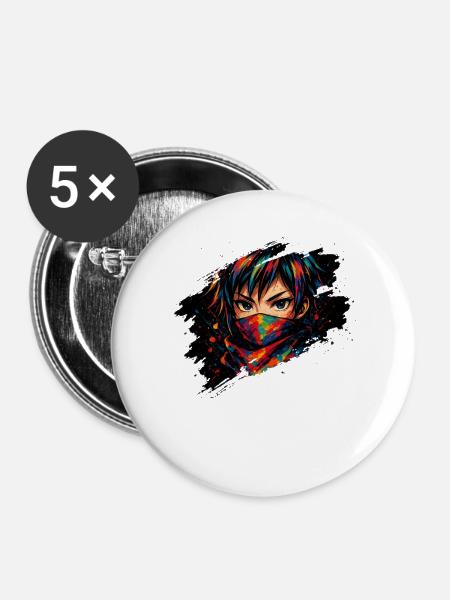 Futuristischer Neon-Punk Anime Gesicht - Buttons groß 56 mm (5er Pack) - Weiß