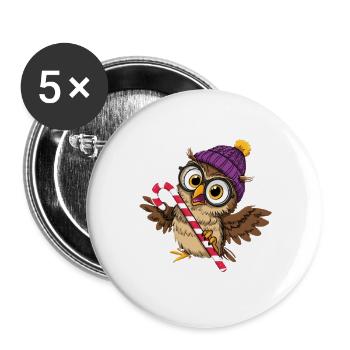 Cute owls with winter hat and candy cane - Buttons large 2.2''/56 mm (5-pack) - white - Front
