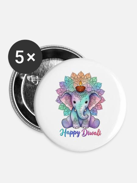 Diwali Mandala Elefant - Buttons groß 56 mm (5er Pack) - Weiß