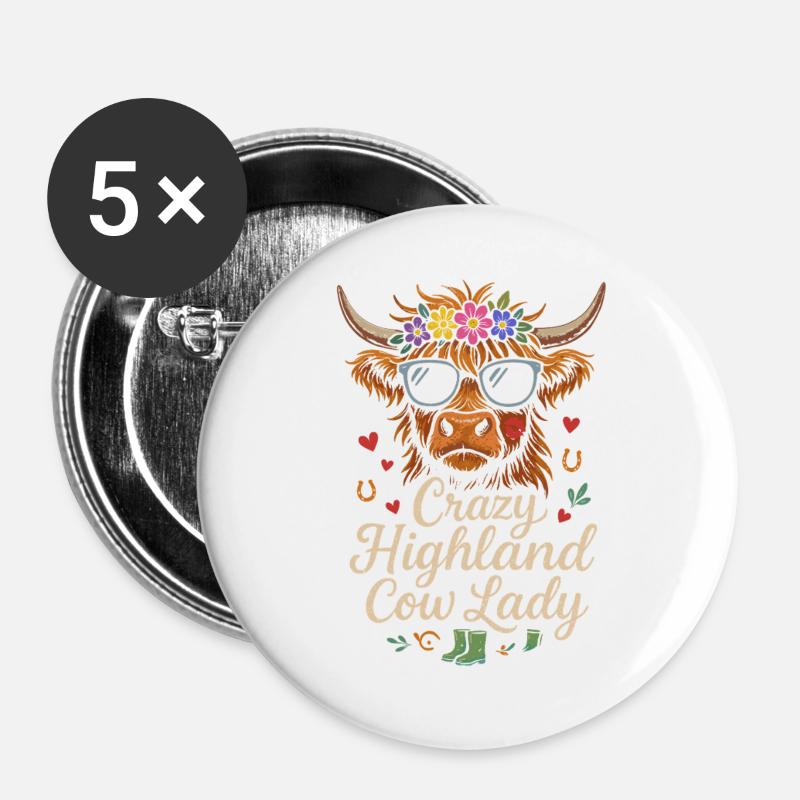 Crazy Highland Cow Lady - Buttons large 2.2''/56 mm (5-pack) - white