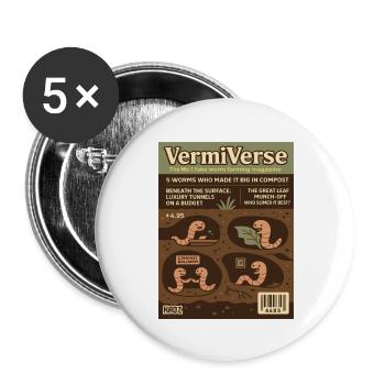 VermiVerse Wurmfarming Parodie Magazin - Buttons groß 56 mm (5er Pack) - Weiß - Vorne